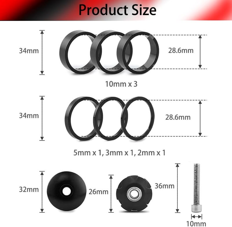 SeonFook 9Pcs Bike Headset Spacer Set, Aluminium Alloy Bicycle Headset Spacer Set Bicycle Front Fork Stem Spacers Kit for MTB BMX Mountain Road Bikes Cycling (1-1/8 inch/28.6mm) - Image 2